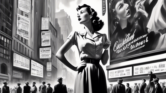 A black and white photo of a woman in 1940s attire, standing on a busy city street, looking up at a large billboard advertisement.